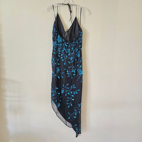 CACHE Vintage Asymmetrical Dress Embellished Glam Size Large Black Blue Y2K 90s - Picture 9 of 13
